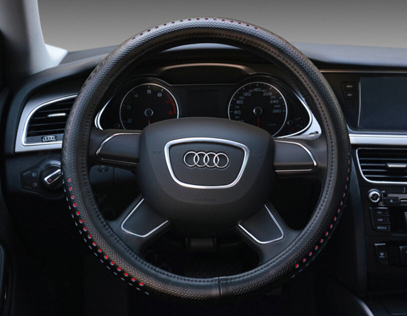 Quality Car Steering Wheel Wrap Genuine Leather 15 Inch 38CM - Black