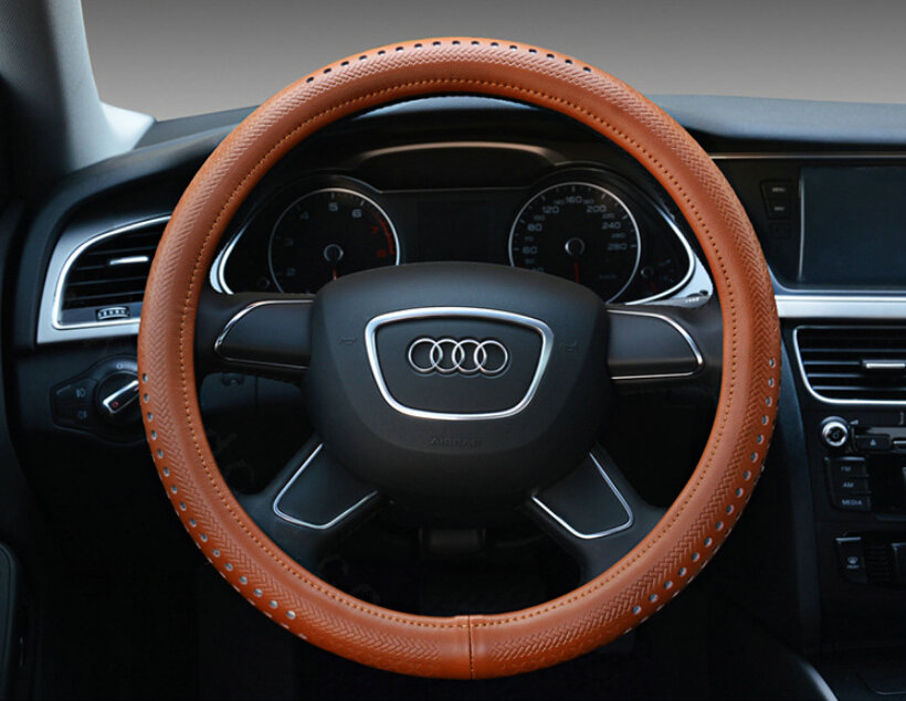 Quality Car Steering Wheel Wrap Genuine Leather 15 Inch 38CM - Brown