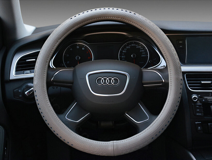 Quality Car Steering Wheel Wrap Genuine Leather 15 Inch 38CM - Grey