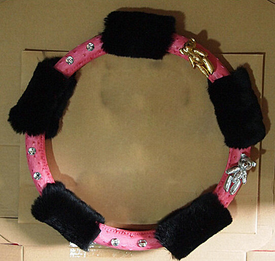 Quality Flower Pink PU Leather Car Steering Wheel Covers Velvet 15 Inch 38CM - Black