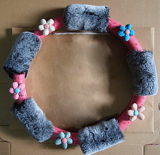 Quality Flower Pink PU Leather Car Steering Wheel Covers Velvet 15 Inch 38CM - Grey