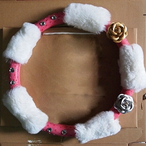 Quality Flower Pink PU Leather Car Steering Wheel Covers Velvet 15 Inch 38CM - White