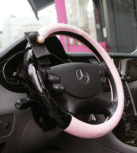 Quality Pearl Bowknot Car Steering Wheel Cover PU Leather 16 Inch 40CM - Pink