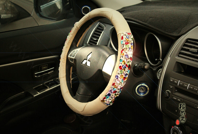 Quality Rhinestone Car Steering Wheel Cover Genuine Leather 15 Inch 38CM - Beige