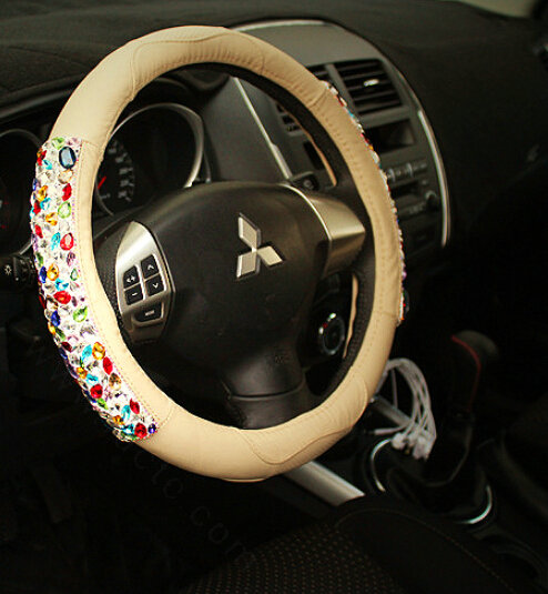 Quality Rhinestone Car Steering Wheel Cover Genuine Leather 15 Inch 38CM - Beige