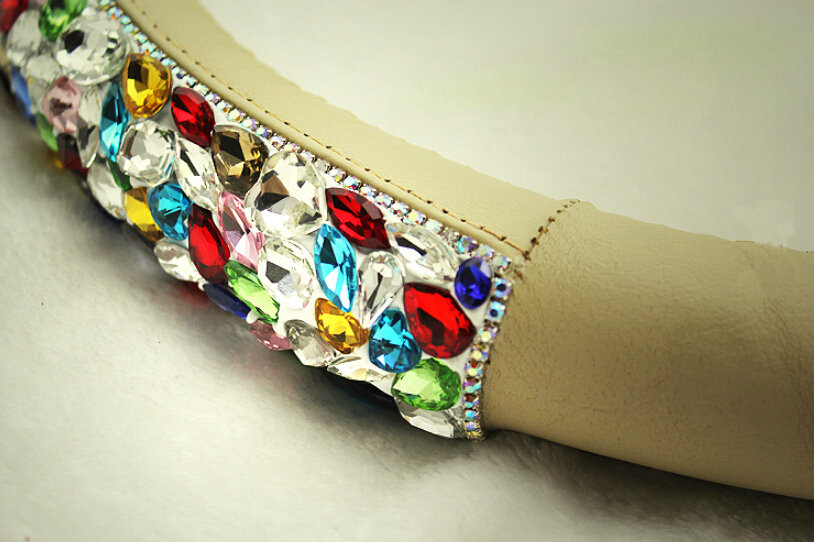 Quality Rhinestone Car Steering Wheel Cover Genuine Leather 15 Inch 38CM - Beige