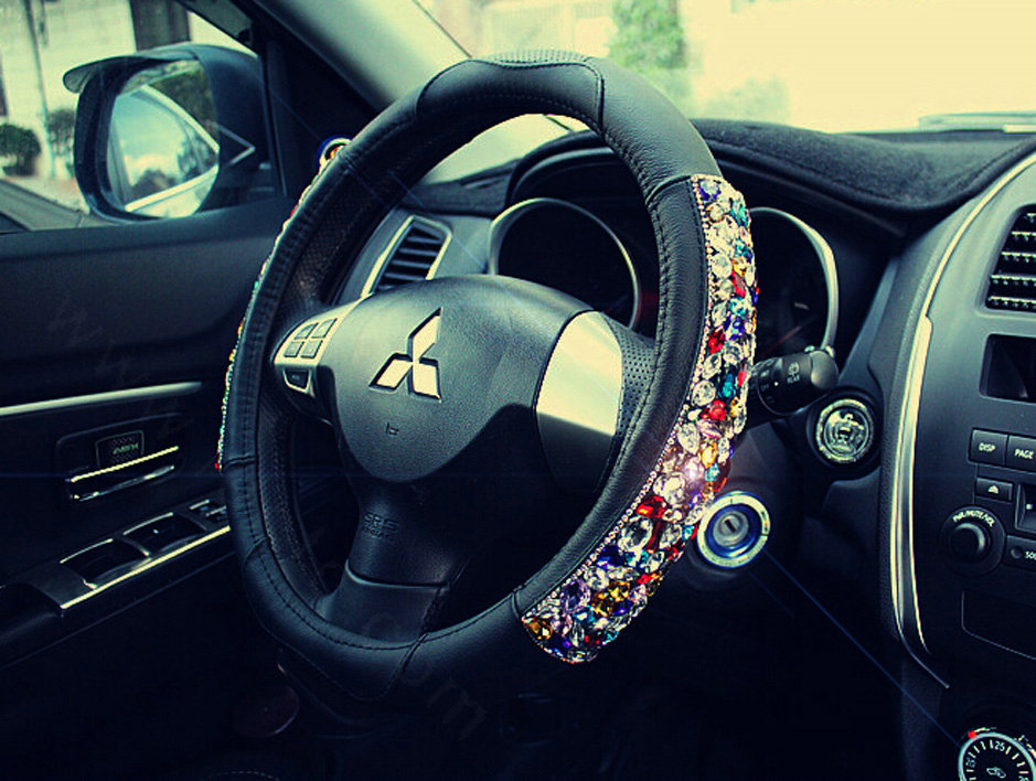 Quality Rhinestone Car Steering Wheel Cover Genuine Leather 15 Inch 38CM - Black