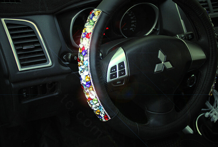 Quality Rhinestone Car Steering Wheel Cover Genuine Leather 15 Inch 38CM - Black