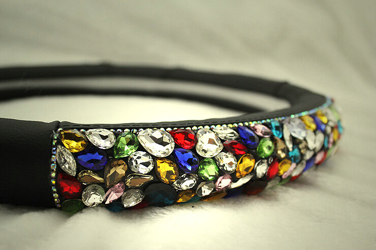 Quality Rhinestone Car Steering Wheel Cover Genuine Leather 15 Inch 38CM - Black