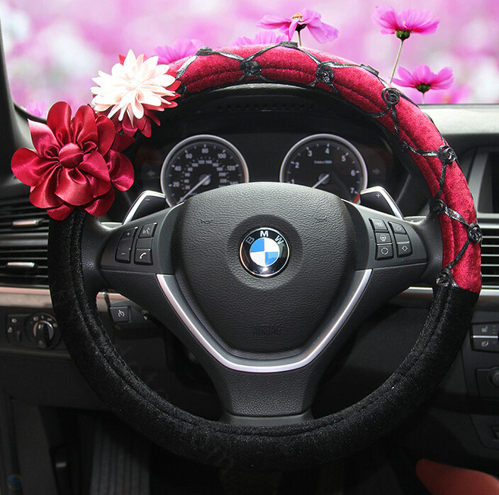 Red Camellia Car Steering Wheel Covers Velvet 15 Inch 38CM - Black