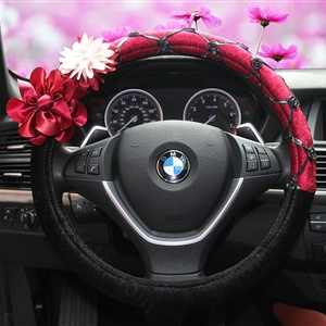 Red Camellia Car Steering Wheel Covers Velvet 15 Inch 38CM - Black