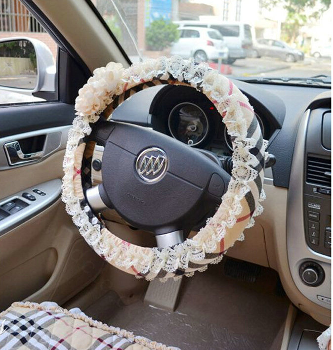 Rhombus Camellia Lace Car Steering Wheel Cover Bud Silk Fiber Cloth 15 Inch 38CM - Coffee