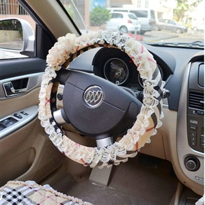 Rhombus Camellia Lace Car Steering Wheel Cover Bud Silk Fiber Cloth 15 Inch 38CM - Coffee