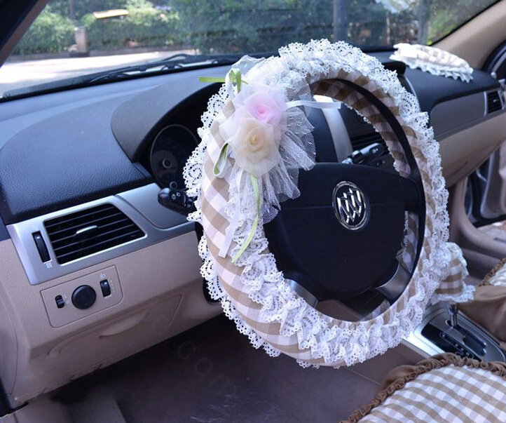 Rhombus Flower Lace Car Steering Wheel Cover Bud Silk Fiber Cloth 15 Inch 38CM - Beige