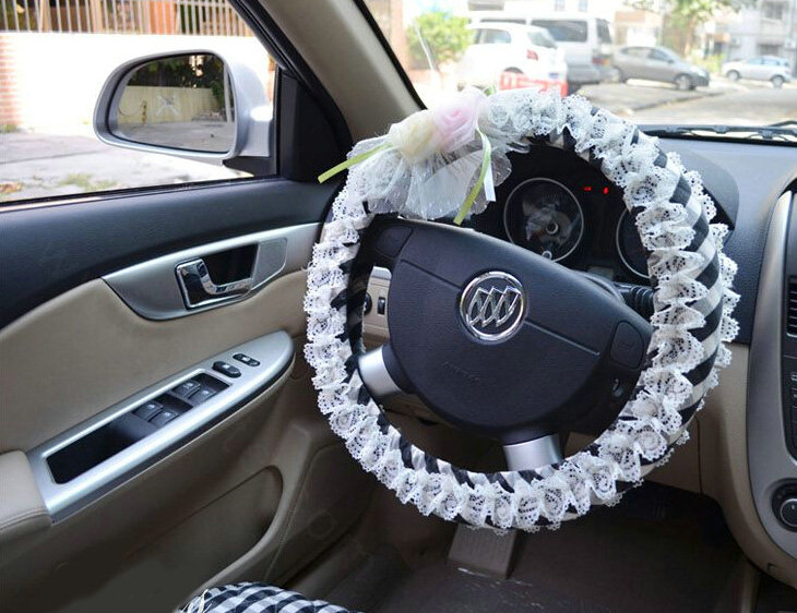 Rhombus Flower Lace Car Steering Wheel Cover Bud Silk Fiber Cloth 15 Inch 38CM - Black
