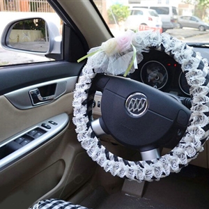 Rhombus Flower Lace Car Steering Wheel Cover Bud Silk Fiber Cloth 15 Inch 38CM - Black