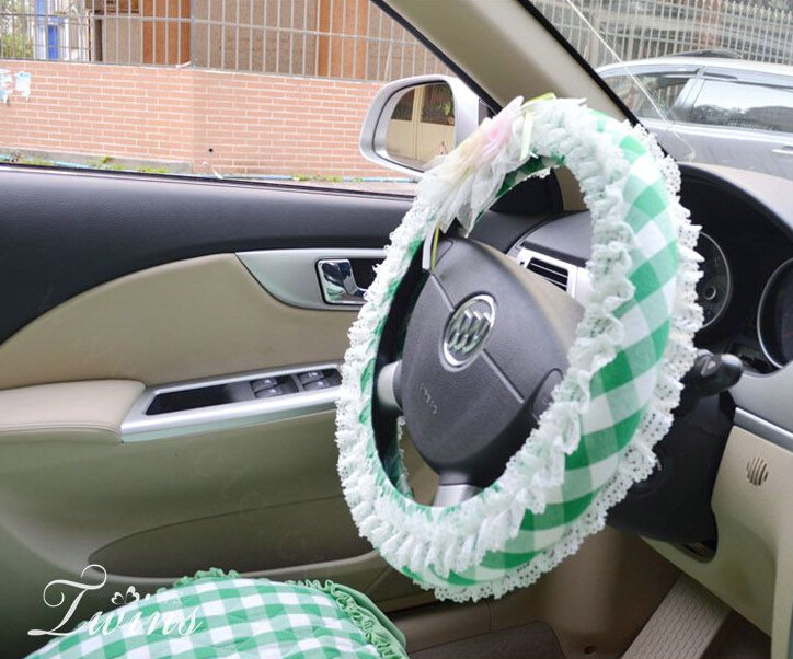 Rhombus Flower Lace Car Steering Wheel Cover Bud Silk Fiber Cloth 15 Inch 38CM - Green