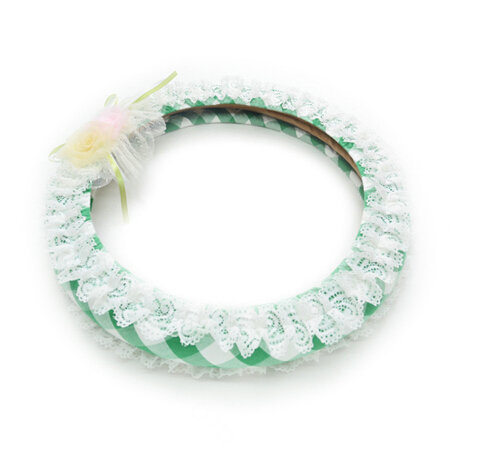Rhombus Flower Lace Car Steering Wheel Cover Bud Silk Fiber Cloth 15 Inch 38CM - Green