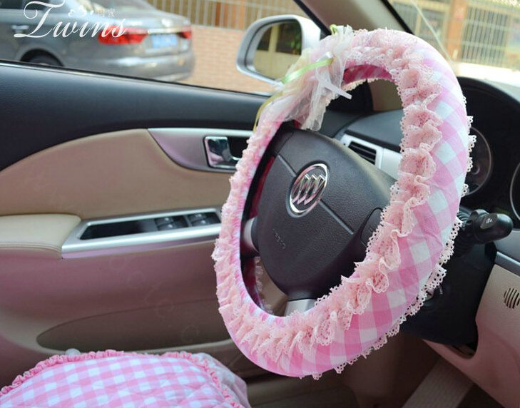 Rhombus Flower Lace Car Steering Wheel Cover Bud Silk Fiber Cloth 15 Inch 38CM - Pink