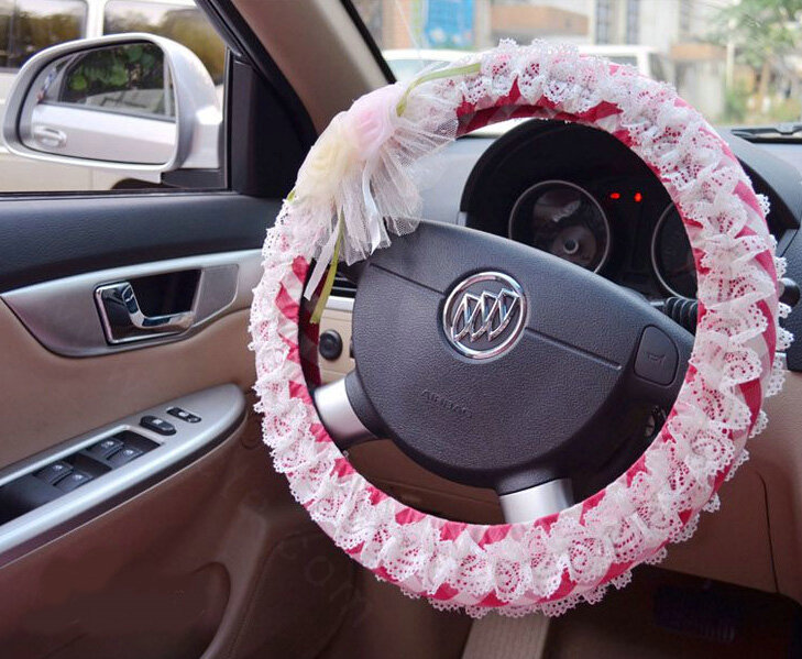 Rhombus Flower Lace Car Steering Wheel Cover Bud Silk Fiber Cloth 15 Inch 38CM - Red