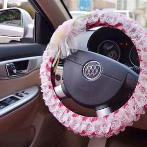 Rhombus Flower Lace Car Steering Wheel Cover Bud Silk Fiber Cloth 15 Inch 38CM - Red