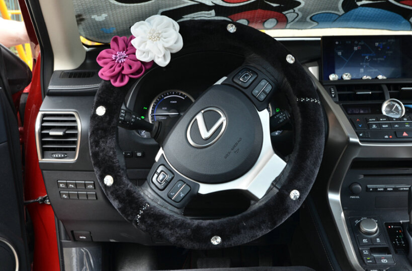 Rose Flower Rhinestone Car Steering Wheel Covers Velvet 15 Inch 38CM - Black