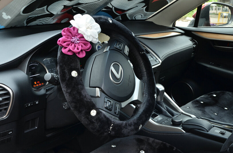 Rose Flower Rhinestone Car Steering Wheel Covers Velvet 15 Inch 38CM - Black