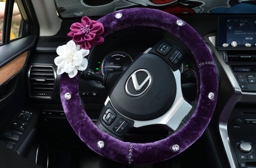 Rose Flower Rhinestone Car Steering Wheel Covers Velvet 15 Inch 38CM - Purple