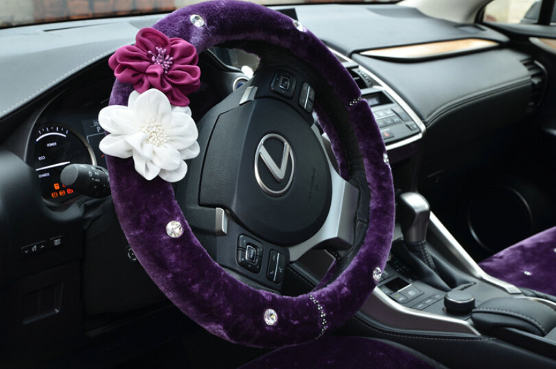Rose Flower Rhinestone Car Steering Wheel Covers Velvet 15 Inch 38CM - Purple