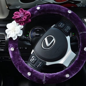 Rose Flower Rhinestone Car Steering Wheel Covers Velvet 15 Inch 38CM - Purple