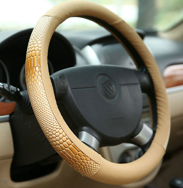 Snake Print Car Steering Wheel Cover Genuine Leather 15 Inch 38CM - Beige