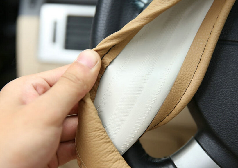 Snake Print Car Steering Wheel Cover Genuine Leather 15 Inch 38CM - Beige