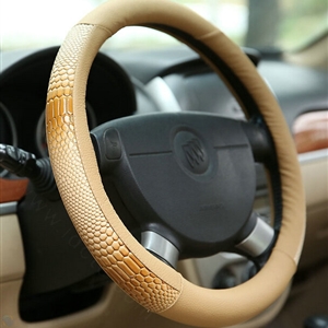 Snake Print Car Steering Wheel Cover Genuine Leather 15 Inch 38CM - Beige