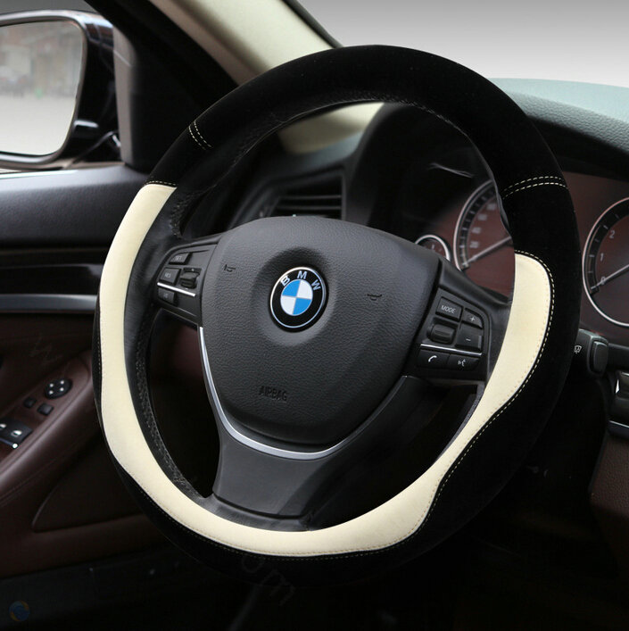 Splicing Auto Steering Wheel Wrap Velvet 15 Inch 38CM - Black White