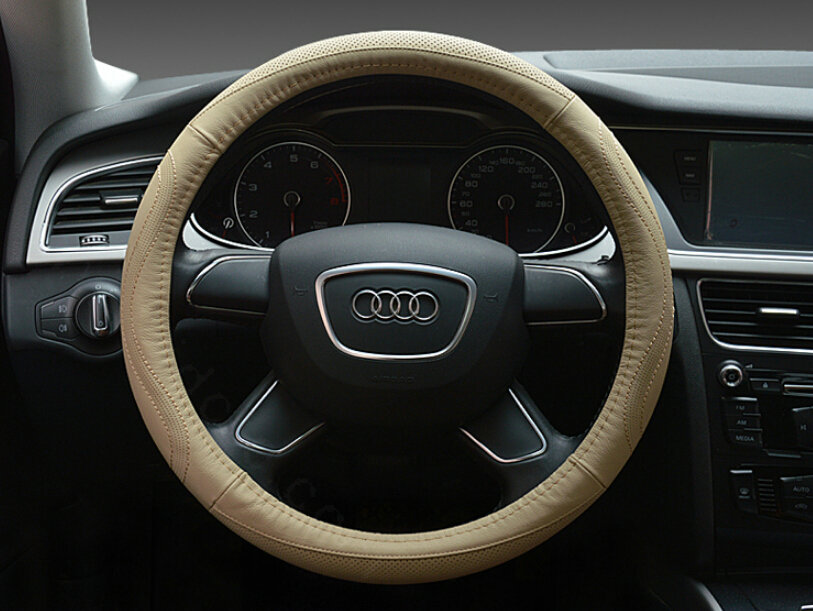 Unique Auto Steering Wheel Wrap Genuine Leather 15 Inch 38CM - Beige