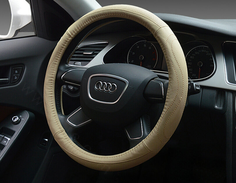 Unique Auto Steering Wheel Wrap Genuine Leather 15 Inch 38CM - Beige