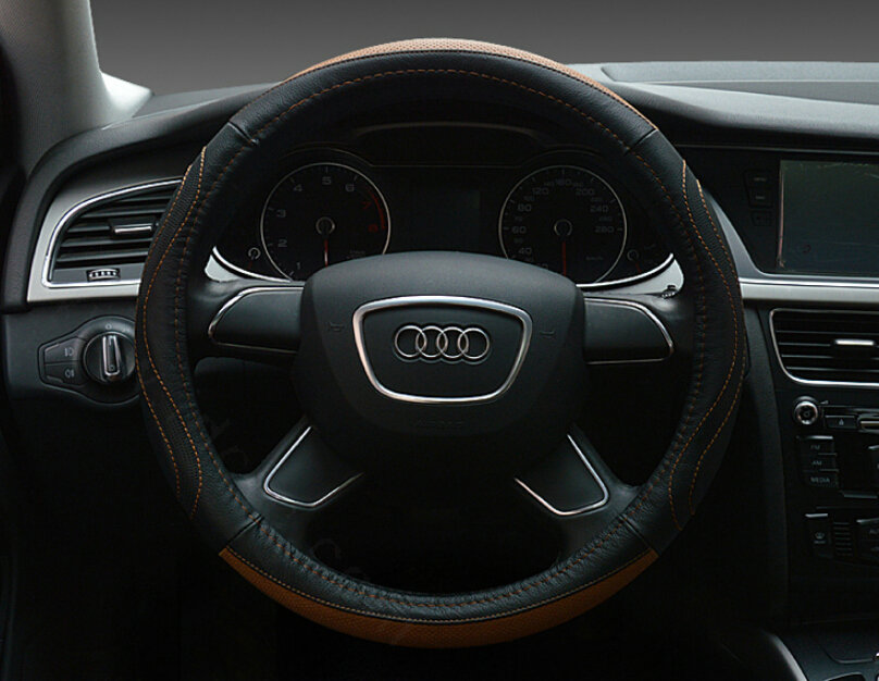 Unique Auto Steering Wheel Wrap Genuine Leather 15 Inch 38CM - Black Brown