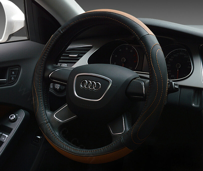 Unique Auto Steering Wheel Wrap Genuine Leather 15 Inch 38CM - Black Brown