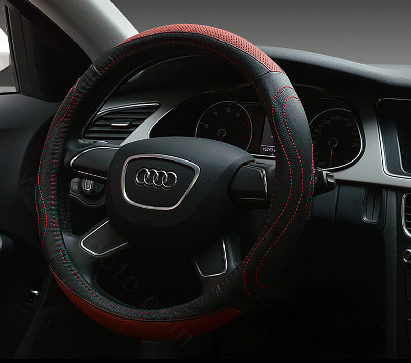 Unique Auto Steering Wheel Wrap Genuine Leather 15 Inch 38CM - Black Red