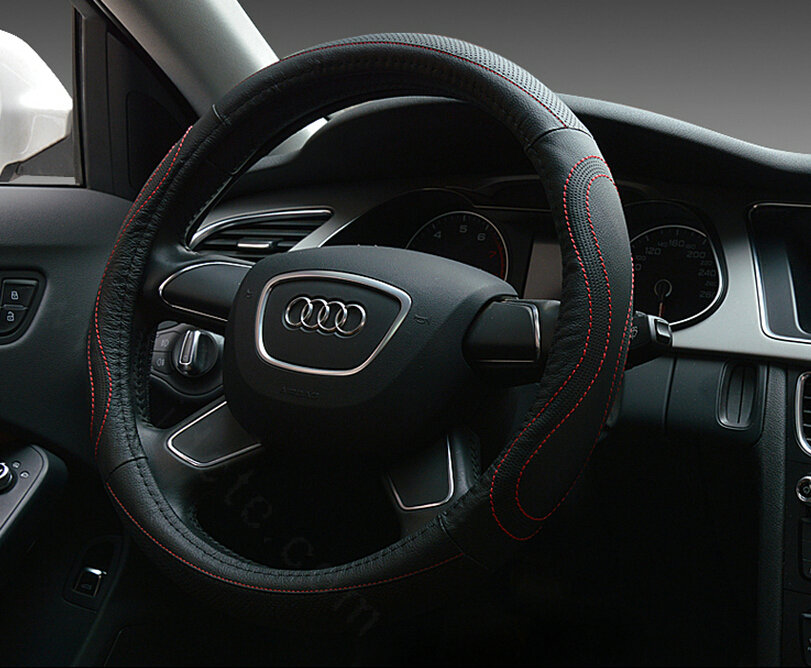 Unique Auto Steering Wheel Wrap Genuine Leather 15 Inch 38CM - Black