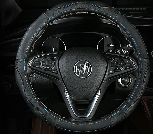 Unique Car Steering Wheel Wrap Genuine Leather 15 Inch 38CM - Black Blue