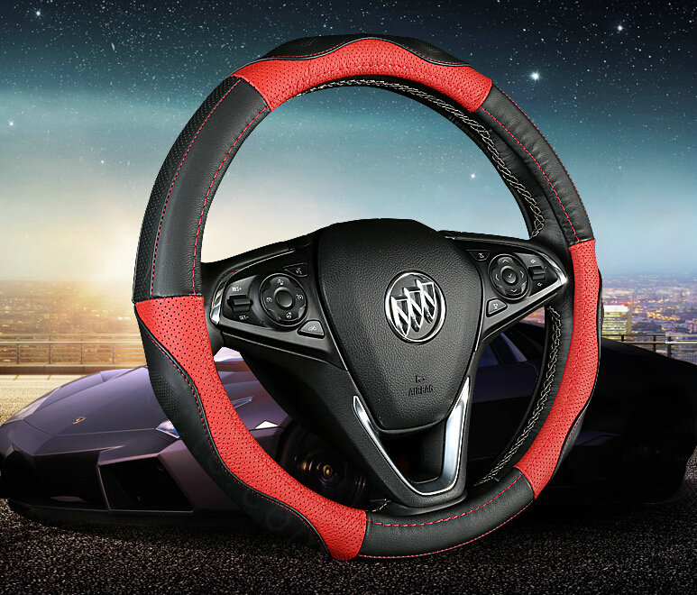 Unique Car Steering Wheel Wrap Genuine Leather 15 Inch 38CM - Black Red