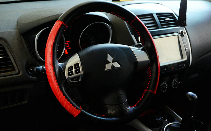 Unique Car Steering Wheels Covers Cowhide Genuine Leather 15 Inch 38CM - Black Red