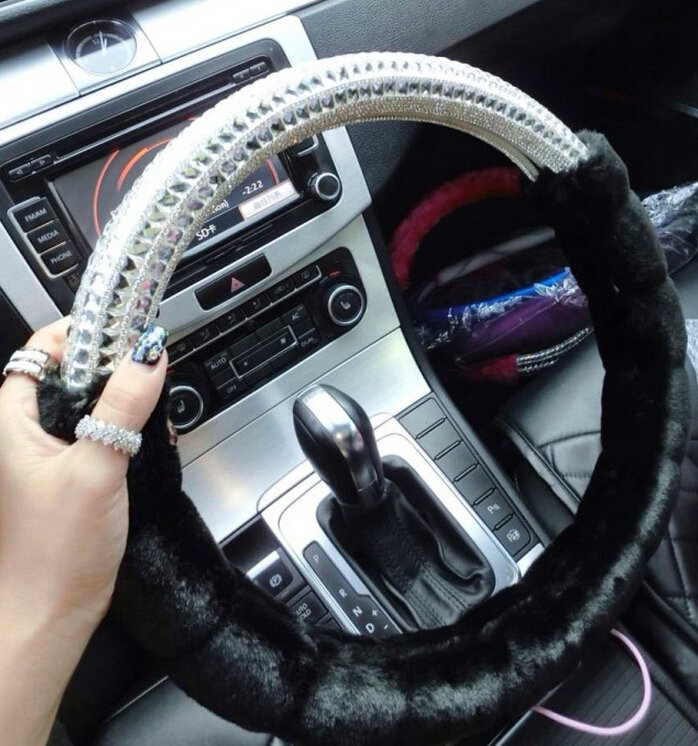 Unique Diamond Car Steering Wheel Covers Velvet 15 Inch 38CM - Black