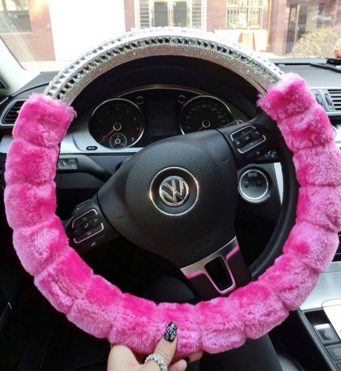 Unique Diamond Car Steering Wheel Covers Velvet 15 Inch 38CM - Pink