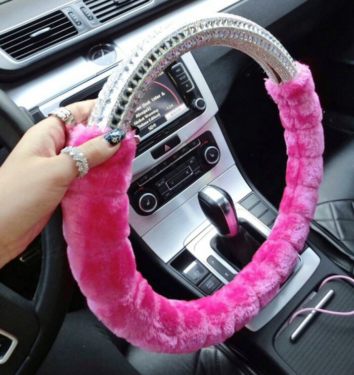 Unique Diamond Car Steering Wheel Covers Velvet 15 Inch 38CM - Pink