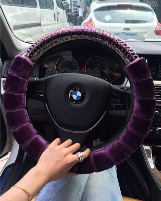 Unique Diamond Car Steering Wheel Covers Velvet 15 Inch 38CM - Purple