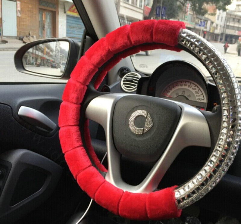 Unique Diamond Car Steering Wheel Covers Velvet 15 Inch 38CM - Red