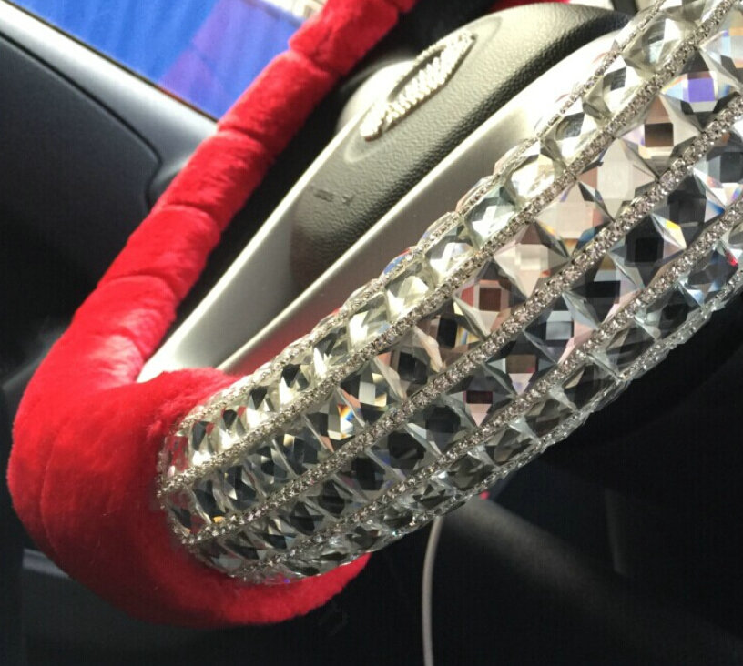 Unique Diamond Car Steering Wheel Covers Velvet 15 Inch 38CM - Red