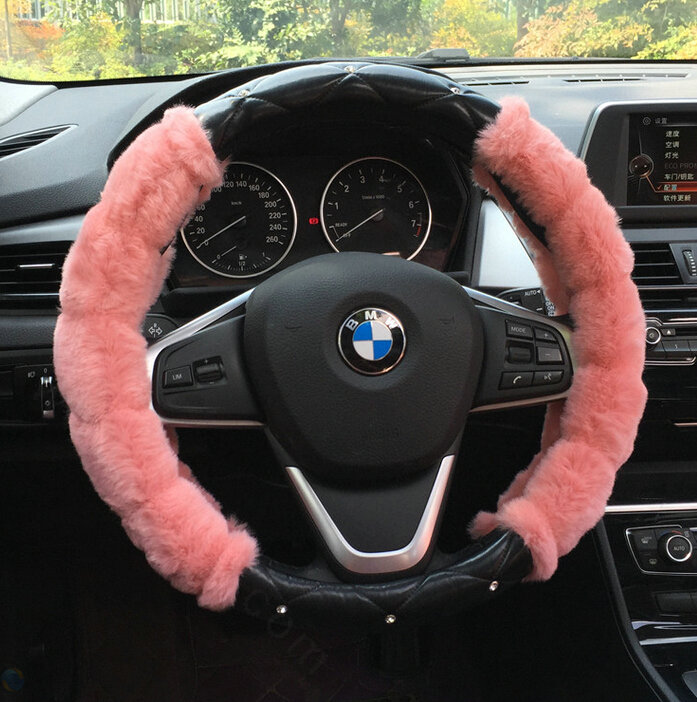 Unique Diamond Pink Velvet Car Steering Wheel Covers PU Leather 15 Inch 38CM - Black